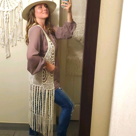 Urban Outfitters Tops - Love Tree Boho Long Fringe Crochet Vest Small
